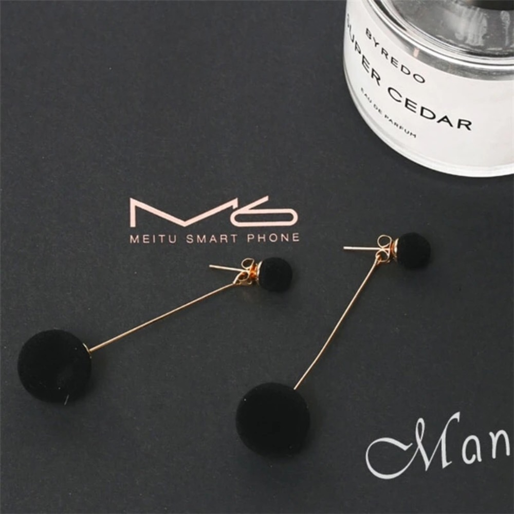🆕 Black Plush Ball Drop Dangle Earrings - Picture 3 of 5